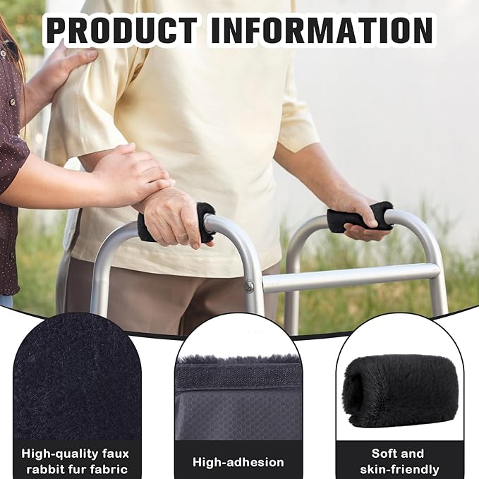 2 Pcs Walker Handle Cushions Fluffy Walker Hand Pads Universal Padded Rollator Hand Cover for Folding Rolling Wheelchair, Senior, Elderly Grippers, with 2 Extra Foam Pads(Black)