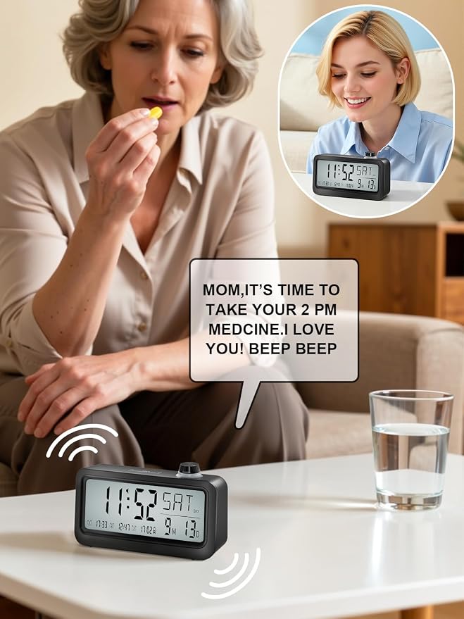 Medication Pill Reminder, Rechargeable Talking Alarm Clock with 3 Custom Voice Recording Alarms, Touch-to-Talk, a Digital Alarm Clocks Gift for Mom/Dad/Seniors/Elderly(Black)