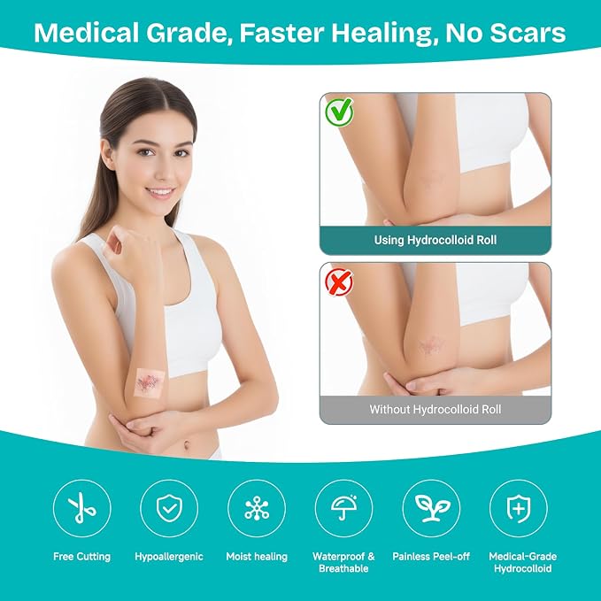 Hydrocolloid Wound Care Roll, Waterproof 2in x 16.5ft, Extra Large Cut-to-Size Self-Adhesive Bandages for Blister, Scar, Pimple, First Aid Essential