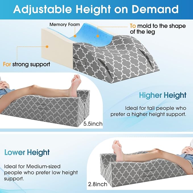 CloudBliss Leg Elevation Pillow for After Surgery, Adjustable Height Memory Foam Wedge Pillow with Cooling Ice Silk Cover, Ergonomic Leg Support for Knee, Comfort Care for Blood Circulation, Grey