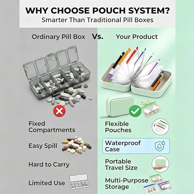 Waterproof Pill Organizer Set, Pill Pouch Organizer Binder, Waterproof Pill Pouch Set, Travel Medicine Organizers with 14 Color-Coded Pouches, Leakproof Reusable Zippered Storage Case(Green)