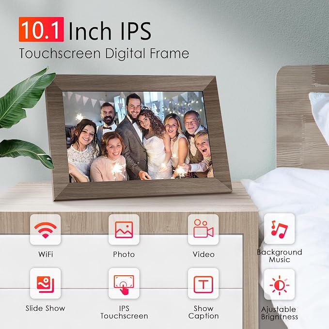 Canupdog WiFi Digital Picture Frame 10.1 Inch, IPS Touch Screen Smart Cloud Digital Photo Frame with 16GB Storage, Wall Mountable, Auto-Rotate, Share Photos from Anywhere Via App