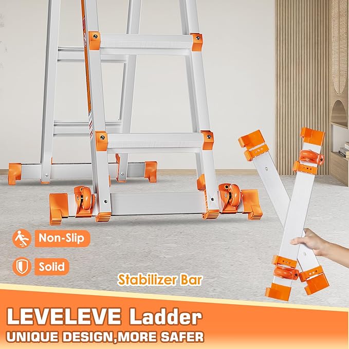 LEVELEVE Telescoping A Frame Ladder, 22FT Multi Position Ladder with Stabilizer Bar & Wheels,330 lbs Security Load for Stairs Home Indoor Outdoor Roof