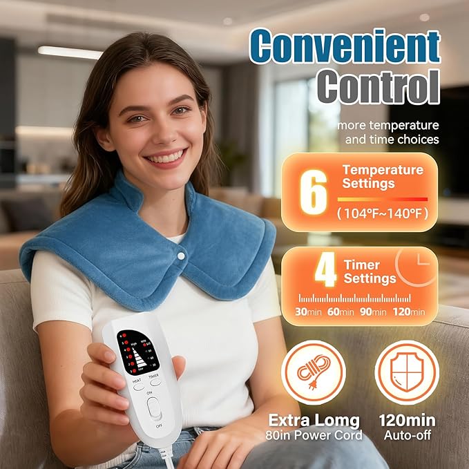 Weighted Heating Pad for Neck & Shoulders - 6 Heat Settings, 4 Timers, Auto Off - Electric Heating Pad for Back Pain Relief - Gift for Women/Men, Mom/Dad, Birthday, Christmas
