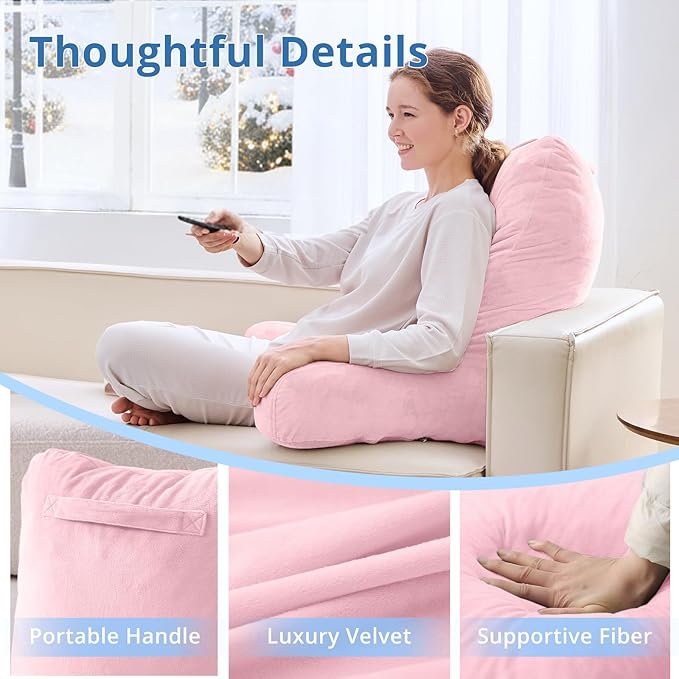 Sasttie 25-inch Reading Pillows for Sitting in Bed Adult, Jumbo Velvet Back Pillow Bed Sitting Up, XL High Back-Rest Support Cushion for Sit Up on Couch & Floor, Oeko-Tex Certified, Pink