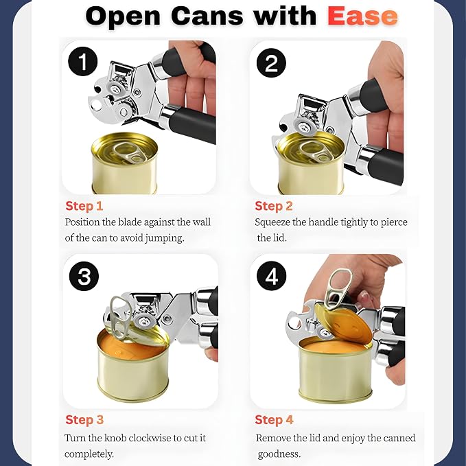 Can Opener Heavy Duty, Smooth Edge Safe Cut, Easy Grip Stainless Steel Can Openers for Seniors, Kitchen Tool, Manual Rotary Can Opener
