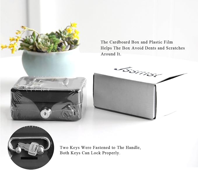 Small Cash Box with Lock and Slot - Jssmst Metal Coin Bank Small Lock Box, Black(SMCB0301N)