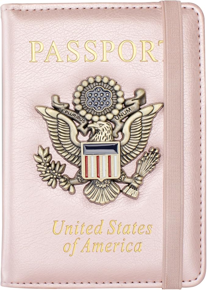 Passport Holder and Card Slot Combo RFID Blocking Leather Travel Passport Wallet for Men and Women US Passport Cover,Rose Gold