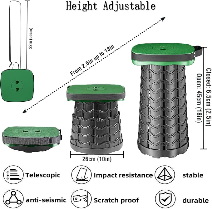 Upgraded Collapsible Stool Portable for Adults Heavy Duty, 620lbs Max Weight, Square Foldable Stool Thickened Telescoping Folding Seat for Camping Hiking, Outdoor, Travel(Square) (Green)