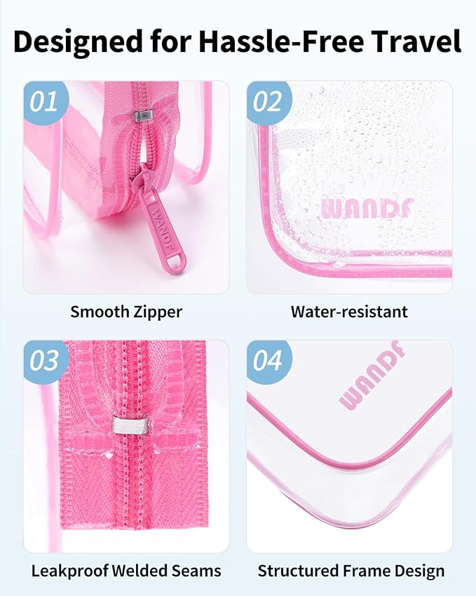 WANDF TSA Approved Toiletry Bag, 2 Pack Clear Makeup Bag | Quart Size, Airport Carry-On, TSA Liquids Travel Bag, Clear PVC, Women Men Travel Essentials