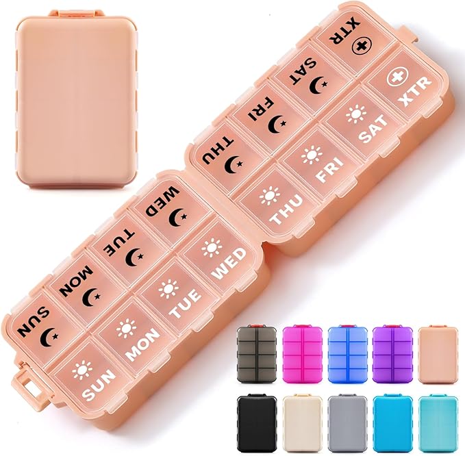 Foldable Weekly Pill Organizer 2 Times a Day with 2 Extra Compartments (Clear Printed Labels) - Portable 7 Day AM PM Medicine Box, Week Daily Travel Pill Case Holder for Vitamin, Supplement - Pink
