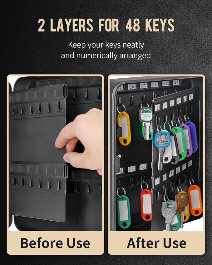 Uniclife 48 Position Key Cabinet with Combination Lock Resettable Black Digital Security Storage Box Steel Key Organizer with Colorful Key Tag Labels Stickers and Hooks