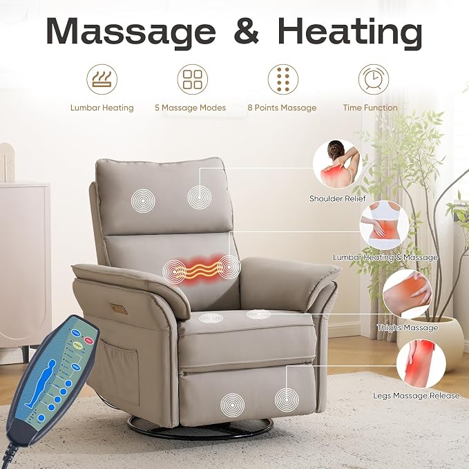 Power Nursery Recliner with Auto Rocking,Oversized Swivel Rocker Recliner with Massage and Heat,Glider Recliner Nursery Chair with Adjustable Headrest for Living Room and Bedroom,Faux Leather，Grey