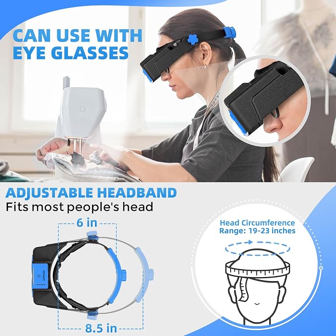 COYLAPY Headband Magnifier with Light, 1.5X-3.5X Hobby Magnifying Glasses | Rechargeable, 4 Rechangeable Lens (1.5x,2x,2.5x,3.5x), Ideal for Close Work, Repair, Jewelry, Sewing, Beading, Crafts