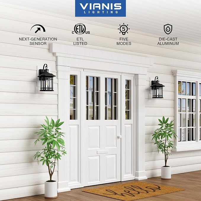 VIANIS Large Black Outdoor Motion Sensor Light, Distance and Time Adjustable Dusk to Dawn Exterior Lighting Fixtures, Anti-Rust 100% Aluminum Patio Wall Light Fixture for House, Garage, Backyard