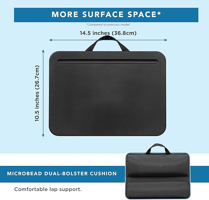 LAPGEAR Compact Lap Desk – Black, Fits 14" Laptops | Microbead Cushion, Built-In Pencil Slot, Carry Handle, Fits Standard Letter-Size Paper (8.5" × 11")