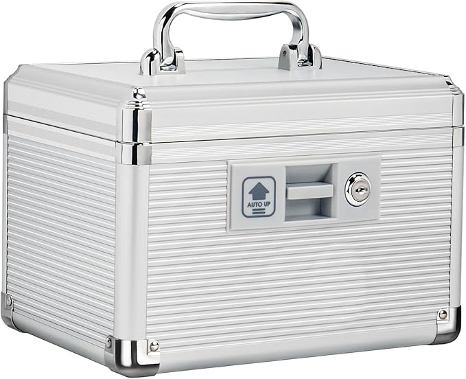Medicine Lock Box with Key, Alluminum Alloy Box for Medication,First Aid Box with a Removeable Tray to Store Medicines & Pills for Home,Silver 10 * 6.89 * 6.89 Inch