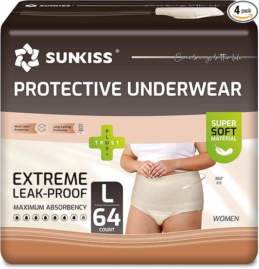 SUNKISS Women Incontinence Underwear, Daytime Disposable Postpartum Adult Panties, Protective Pull Ups with Maximum Absorbency, Large, Beige, 64 Count