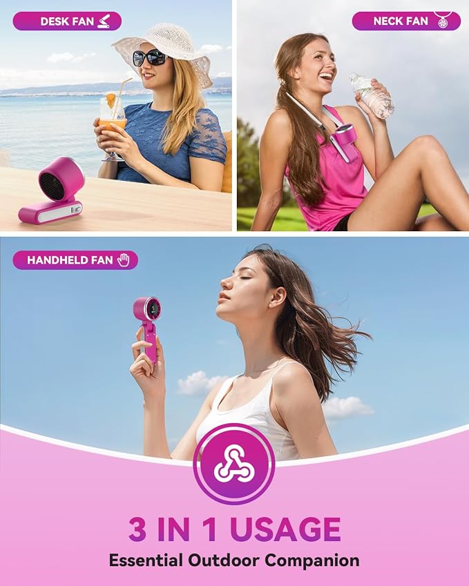 PlayHot Portable Handheld Turbo Fan, Travel Essentials, Gifts for Women/Men | 5-Speed, Up to 12H, 10m/s Airflow, USB-C Rechargeable, LED Display, 3-in-1 Foldable Personal Fan for Cruise, Beach, Vacation