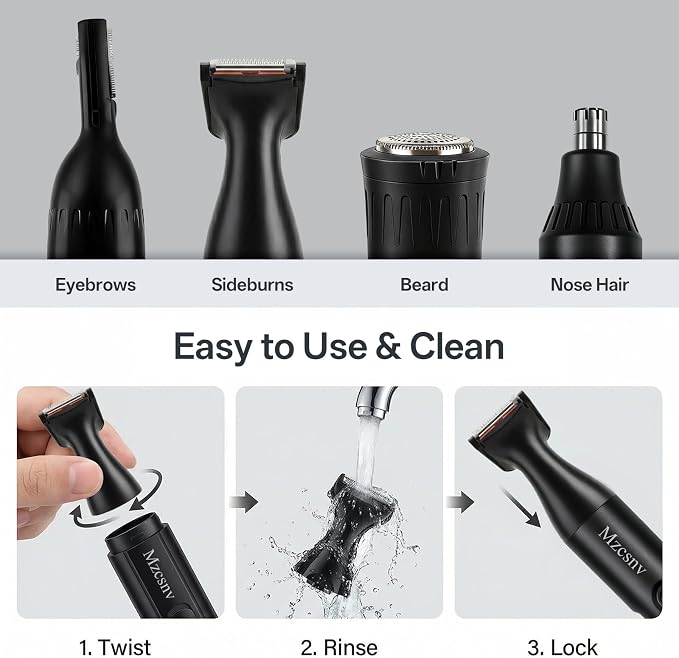 Rechargeable Nose Hair Trimmer - 4-in-1 Ear Eyebrow Beard Grooming Kit for Men & Women, Waterproof Quiet Motor, Fast Charging | 11000 RPM | Portable Travel Size Nose Trimmer Beard Trimmer (Black)