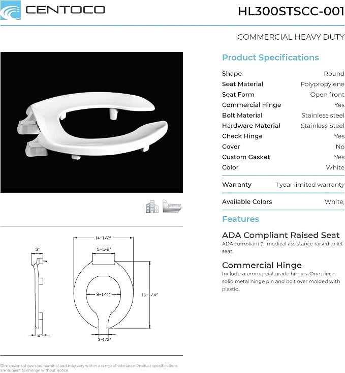Centoco 2 inch Raised Toilet Seat for Seniors, USA, White | Plastic, HL300STSCC-001