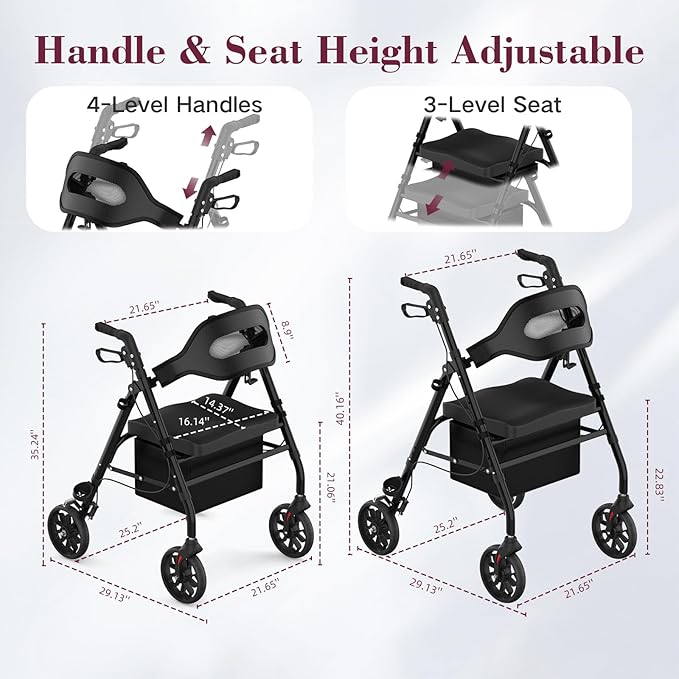 Walkers for Seniors, Foldable Rollator Walker with Seat, 8" Big Wheels, Lightweight Rollator Walker with Ergonomic Backrest, Adjustable Handles and Seat Height, 310 Lbs Weight Capacity, Black