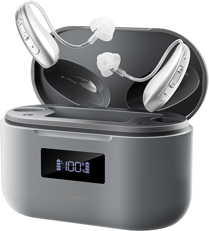 Rechargeable OTC Hearing Aids for Seniors & Adults （NewHear ）16-Channel Digital Sound, Smart Noise Cancellation, Super Mini Invisible BTE Design, Charging Case, 5-Day Battery, Light Gray
