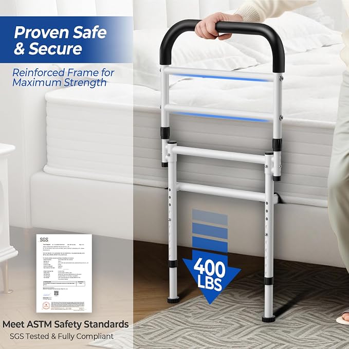 KingPavonini Bed Rails for Elderly Adults Safety ASTM-Approved, 2026 Upgrade Bed Rails for Seniors with Adjustable Anti-Wobble Feet, 400lb Bed Cane, Non-Slip Handle & Storage Bag, No-Tools, Model GL04