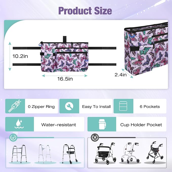 ZHCHG Walker Bag with Cup Holder, Walker Accessories for Seniors Detachable, Foldable Walker Basket with Big Capacity, Best Gift- Purple (Not Fit Rollator Walkers)