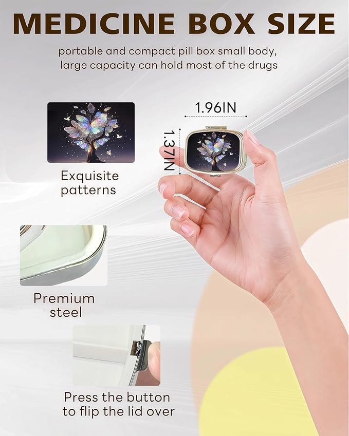 LRITER Pill Case, 2 Compartment Portable Small Travel Pill Organizer for Purse and Pocket, Stylish Medicine Case with Multiple Patterns, Daily Pillbox for Home & Travel (Butterfly Tree)