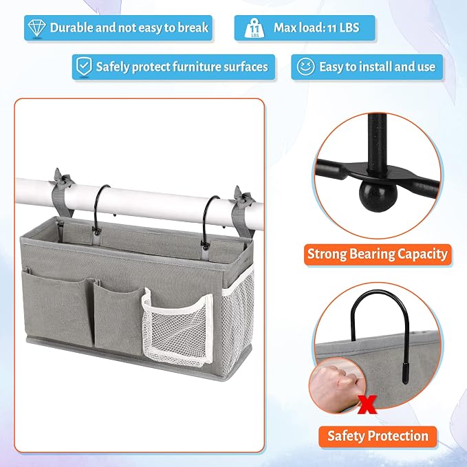 Bedside Caddy, Bedside Storage Bag Hanging Organizer for Bunk Dorm Bed Rail | Bed Caddy with Hooks, Top Bunks and Dorm Essentials for Water, Tissues, Tablets, Books, Phones, Remotes and Other Necessories