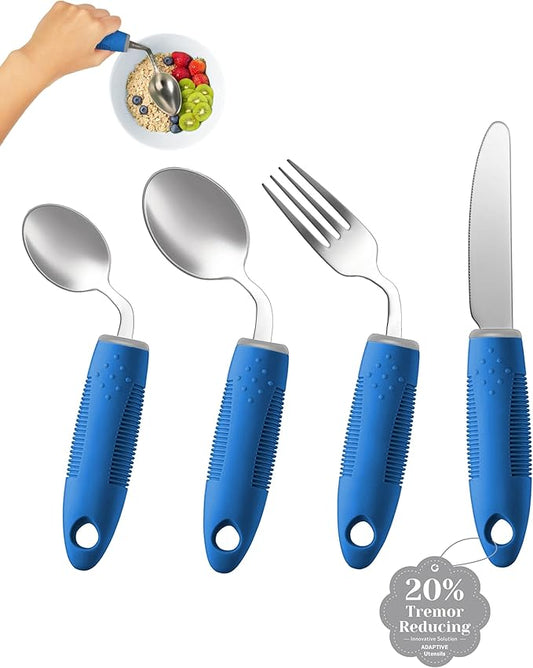 4-Piece Adaptive Utensils Set - 42°Angled Parkinsons Utensils, Weighted Utensils for Tremors and Parkinsons Patients, Blue (Right-Handed)
