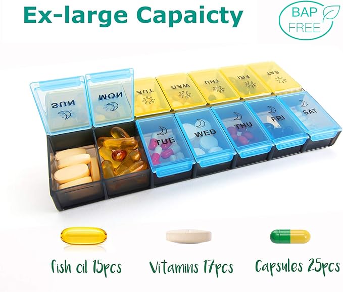 Mossime XL Large Daily Pill Organizer 2 Times a Day, Extra 7 Day Pill Box Am Pm, Weekly Day Night Vitamin Holder, Medicine Organizer, Big Pill Container, Medication Dispenser 14 Compartments