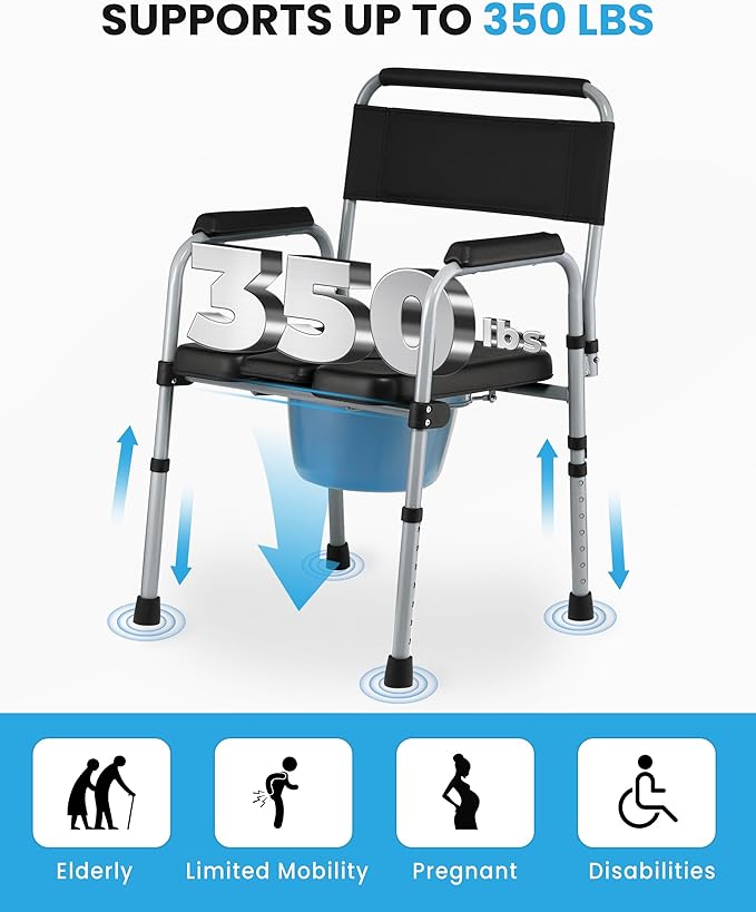 Bedside Commode, Foldable Adjustable Commode Toilet, 350 lb Capacity, Portable Bedside Toilet with Padded Seat & Backrest,bedside commodes for seniors and Mobility-Impaired Individuals