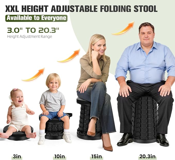 Qiguet Upgraded XXL Collapsible Stool - Folding Stool Max 1000lb Capacity,Portable Chair - Foldable Stool with Safety Lock,Portable Stool for Camping Barbecuing Fishing Gardening,Gifts for Fishermen.