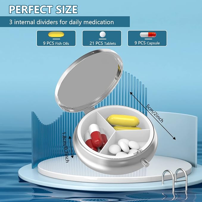Pill Box 3 Compartment Small Pill Case,Portable for Pocket or Purse Pill Organizer Pill Container Holder to Hold Vitamins, Medication, Fish Oil and Supplements(Northern Light)
