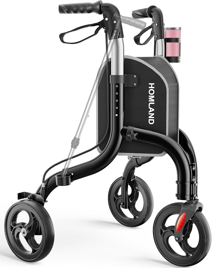HOMLAND Foldable 3 Wheel Walkers for Seniors, Lightweight 10.4 lb | with Cane & Cup Holder, Height Adjustable, 8'' big wheel, Shiny Black