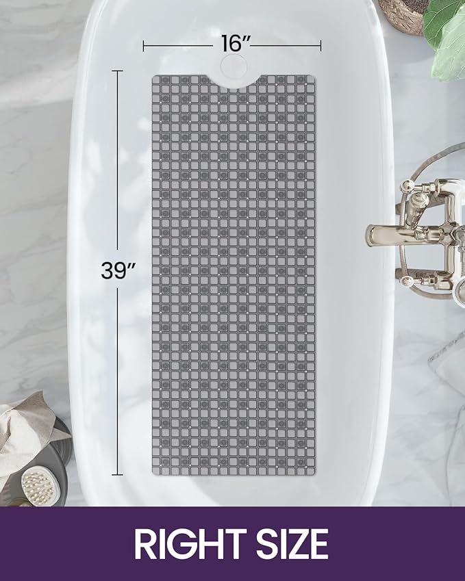 DEXI Bathtub Mat Non Slip, Extra Long 39x16, Suction Cups, Drain Holes, Machine Washable for Tub Shower Floor, Clear Grey