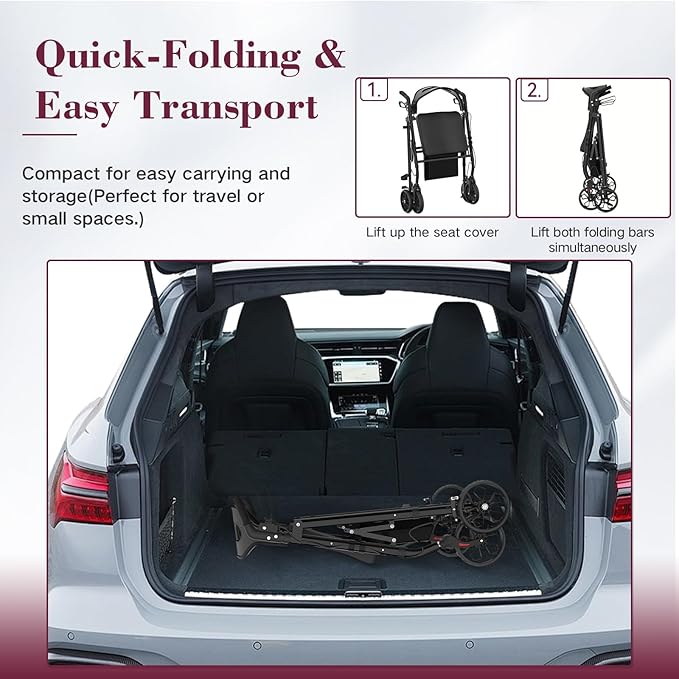 Walkers for Seniors, Foldable Rollator Walker with Seat, 8" Big Wheels, Lightweight Rollator Walker with Ergonomic Backrest, Adjustable Handles and Seat Height, 310 Lbs Weight Capacity, Black