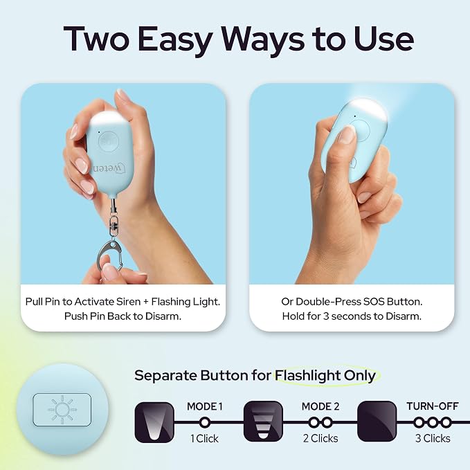 Rechargeable Personal Alarm Keychain, 130dB Siren, LED Light, Blue | Stylish Personal Safety Alert for Women to Carry, Panic Button Alarm for Security