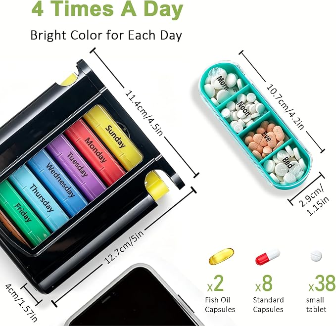 Travel Pill Organizer 4 Times a Day Small Pill Container Purse Pill Case Daily Pill Box Am Pm Pill Holder 7 Day Weekly Pill Reminder Pill Sorter Pocket Vitamin Stackable 4 Compartment Caddy