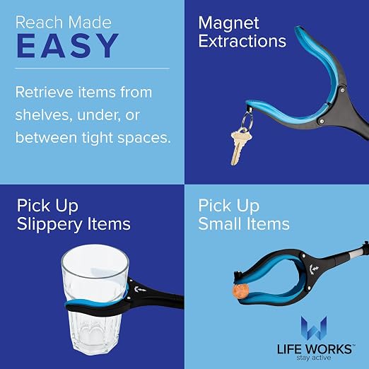 LIFE WORKS Reacher Grabber Tool, 360° Rotating Head, Lightweight 36" Foldable Arm, Ergonomic Grip, 4.5" Wide Jaw, Mobility Aid, Portable Picker Upper Tool for Seniors & Limited Mobility, 1 Pack