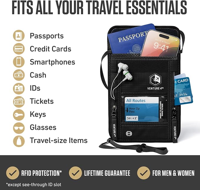 VENTURE 4TH Travel Neck Wallet, RFID Blocking Passport Holder - Pure Black
