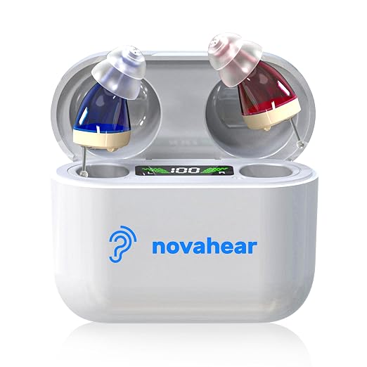 NOVAHEAR Rechargeable In-Ear OTC Hearing Aids for Seniors - Invisible Mini Hearing Amplifiers - Digital Hearing Devices with Portable Charging Case for Adults