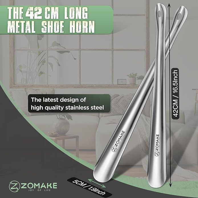 ZOMAKE Metal Shoe Horn Long Handle for Seniors 16.5 Inch,Long Shoehorn Stainless Steel Shoe Spoon Shoe Helper for Men Women