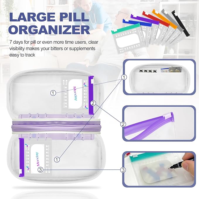 Timueetech XXL A6 Pill Organizer, 28 BPA-Free Medication Pouches for A6 Binders, Large Monthly Waterproof Storage System with Double-Compartment Travel Case, Purple