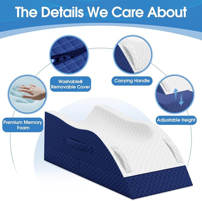 TranquilRelax Elevation Pillows for Leg After Surgery, Memory Foam Adjustable Wedge Pillow for Injury or Rest, Ankle Pillow for Sleeping Blood Circulation, Blue/Single Leg