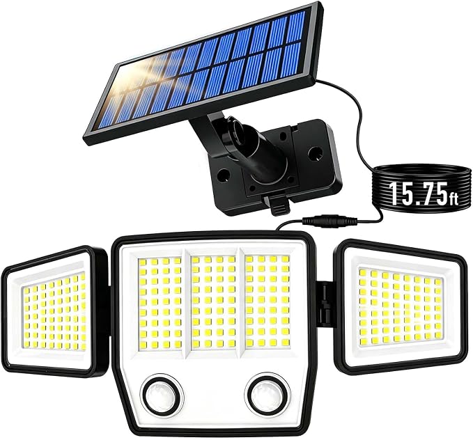 Split Solar Lights Outdoor Waterproof with Dual Motion Sensors - 15.7ft Cable 3000LM Solar Security Light for Garden Patio Pathway Fence, IP65 Waterproof Solar Flood Lights for Outside(White,1)
