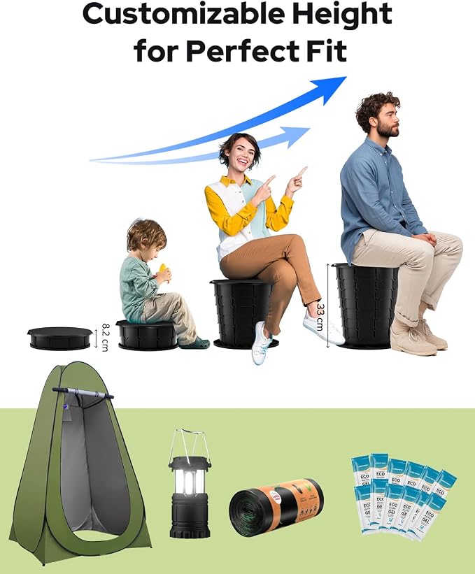 Adjustable Portable Toilet with Privacy Tent for Camping, Car Travel, Hiking, Includes 12 Waste Bags & 12 Urine Solidifiers, Camping Lantern