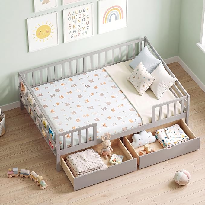 Giantex Full Kids Bed with Storage Drawers, Wood Montessori Bed with Rails & Side Shelf, Low Daybed Bed Frame for Boys Girls, No Box Spring Needed (Grey)